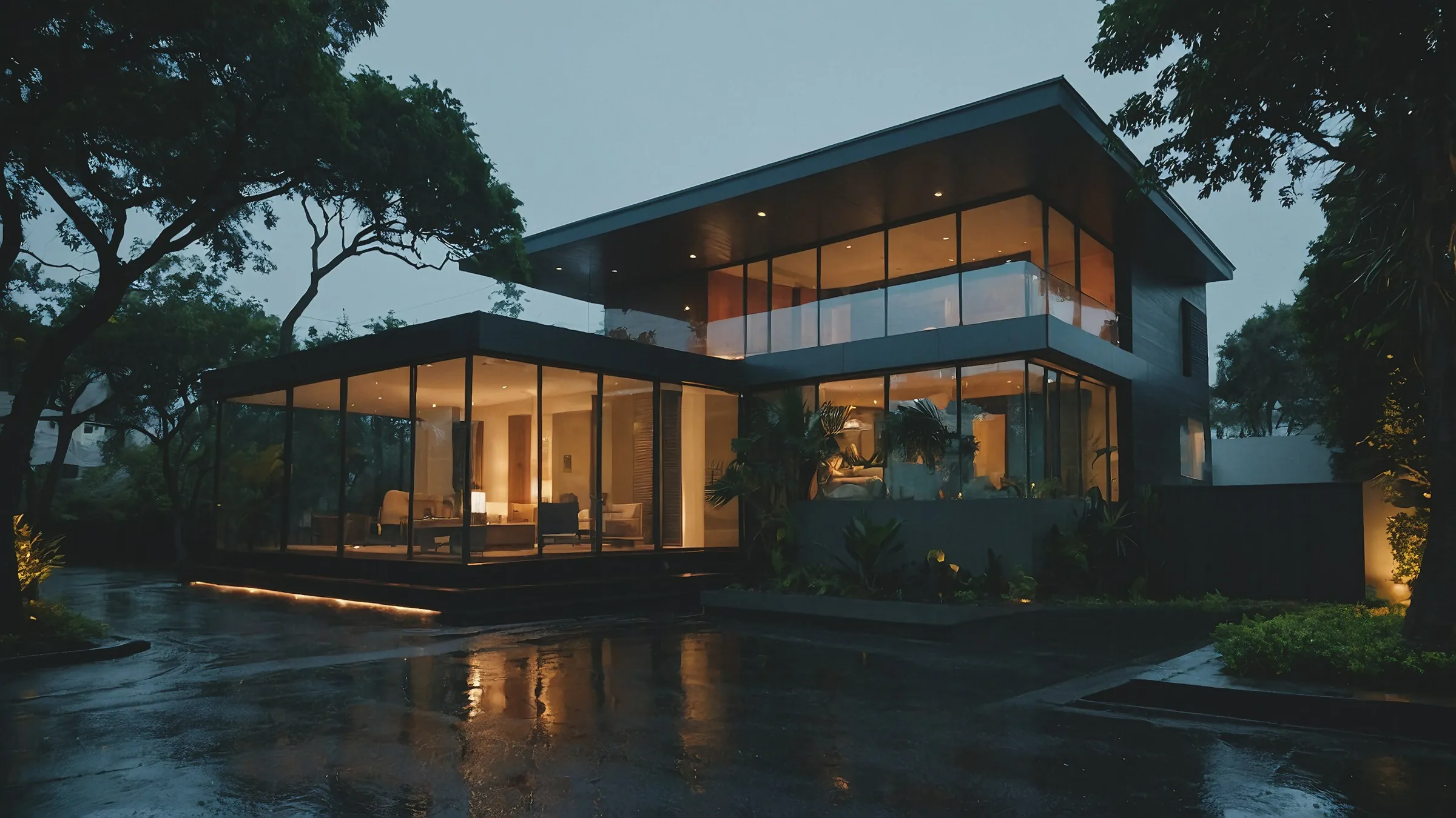 Casa de alto padrão com grandes esquadrias de vidro iluminadas ao entardecer